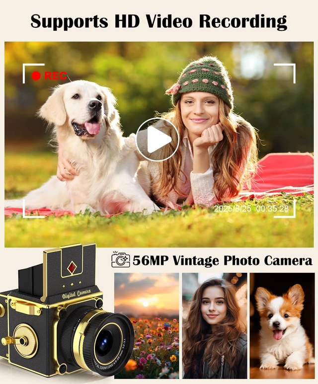 Alt view image 3 of 7 - Vintage Digital Camera, 64MP 2.7K Retro Point and Shoot Camera with Autofocus, 2" IPS Waist-Level Screen & 16GB TF Card, 16X Zoom Compact Photography Camera for Beginners Kids Black