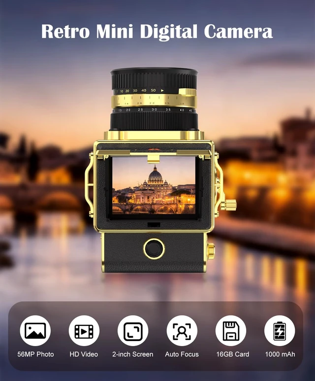 Alt view image 2 of 7 - Vintage Digital Camera, 64MP 2.7K Retro Point and Shoot Camera with Autofocus, 2" IPS Waist-Level Screen & 16GB TF Card, 16X Zoom Compact Photography Camera for Beginners Kids Black