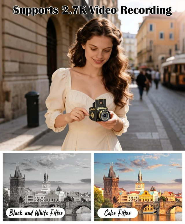 Alt view image 5 of 7 - Vintage Digital Camera, 64MP 2.7K Retro Point and Shoot Camera with Autofocus, 2" IPS Waist-Level Screen & 16GB TF Card, 16X Zoom Compact Photography Camera for Beginners Kids Black