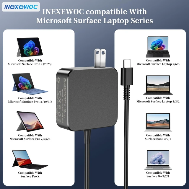 Alt view image 4 of 7 - 65W USB C Charger Compatible with Microsoft Surface Pro 12 (2025) 11 10 9 8 7 6 5 4 3, Surface Pro X, Surface Laptop 7 6 5 4 3 2 1, Surface Book 3 2 1, Surface Go 3 2 1 Power Adapter