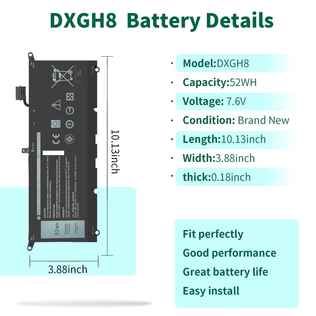 Alt view image 2 of 7 - DXGH8 7.6V 52Wh Battery for Dell XPS 13 9370 9380 2019 Inspiron 13 7390 7391 2-in-1 5390 5391 7490 Latitude 3301 Vostro 5390 5391 Series 0H754V H754V G8VCF P113G001 P82G P82G001