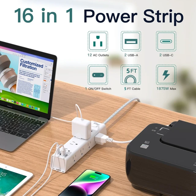 Alt view image 2 of 7 - Power Strip Surge Protector with 12 AC Outlets 4 USB, 5FT Extension Cord Flat Plug Wall Mount, 1050J Overload Protection, Desk Charging Station for Home Dorm Room Office Essentials, ETL Listed