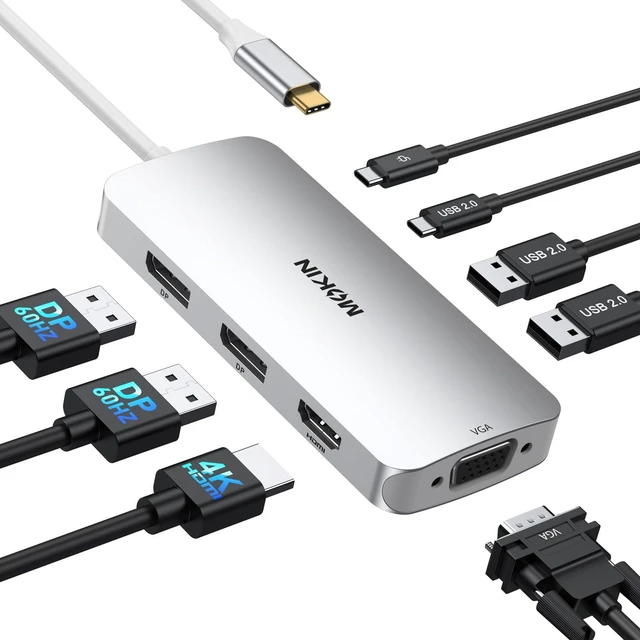 Main image of USB C Docking Station Dual DisplayPort, 8 in 1 USB Hub with 2 DP, HDMI, VGA, USB C 2.0, A 2.0, PD Charging Port, Multi Monitor Adapter for Dell/HP Laptops, Silver