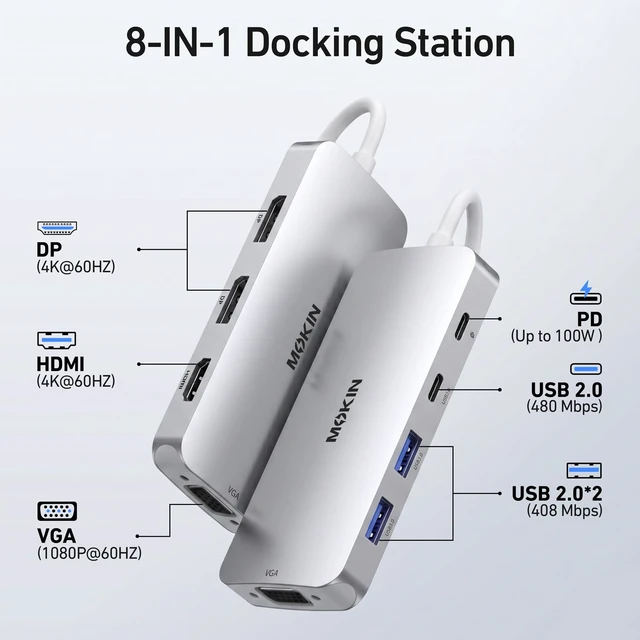 Alt view image 2 of 6 - USB C Docking Station Dual DisplayPort, 8 in 1 USB Hub with 2 DP, HDMI, VGA, USB C 2.0, A 2.0, PD Charging Port, Multi Monitor Adapter for Dell/HP Laptops, Silver
