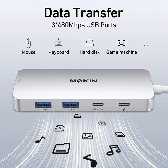 Alt view image 6 of 6 - USB C Docking Station Dual DisplayPort, 8 in 1 USB Hub with 2 DP, HDMI, VGA, USB C 2.0, A 2.0, PD Charging Port, Multi Monitor Adapter for Dell/HP Laptops, Silver