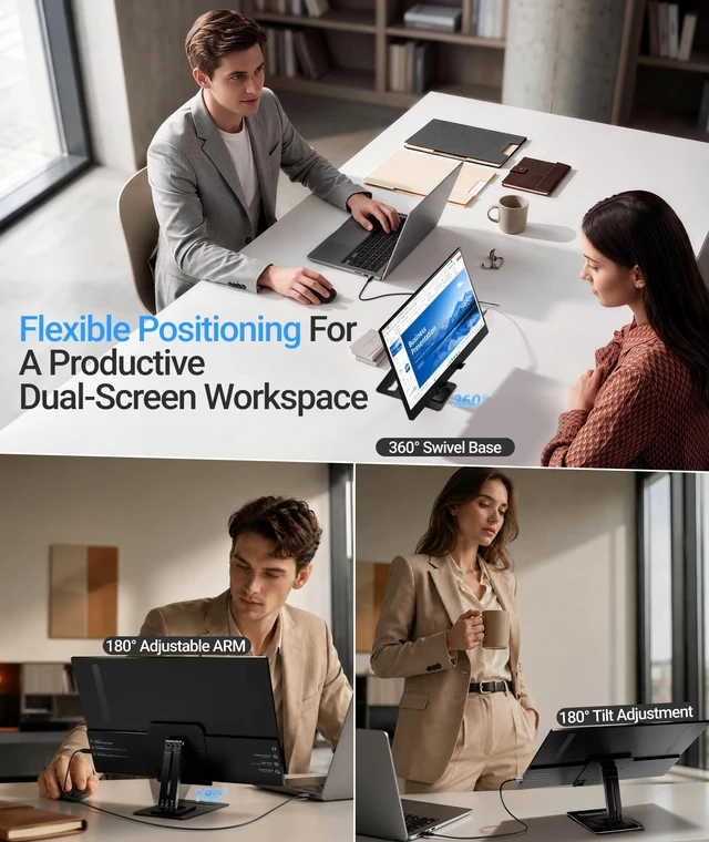 Alt view image 3 of 7 - Portable Monitor for Laptop,15.6 Inch USB C Screen Extender with Adjustable Stand,Dual USB C,Mini HDMI Monitor Portatil for Laptop,Mac,mini PC,Built-in Speakers,300nit Brightness