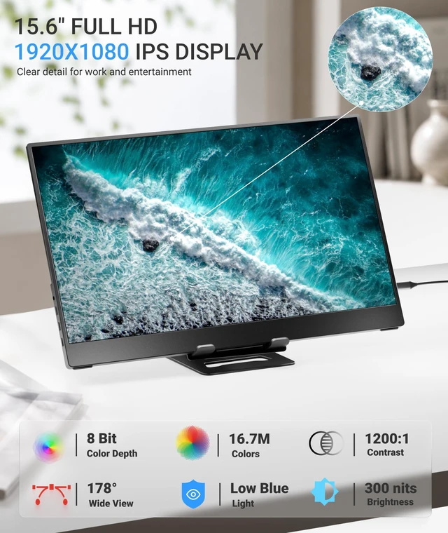 Alt view image 6 of 7 - Portable Monitor for Laptop,15.6 Inch USB C Screen Extender with Adjustable Stand,Dual USB C,Mini HDMI Monitor Portatil for Laptop,Mac,mini PC,Built-in Speakers,300nit Brightness