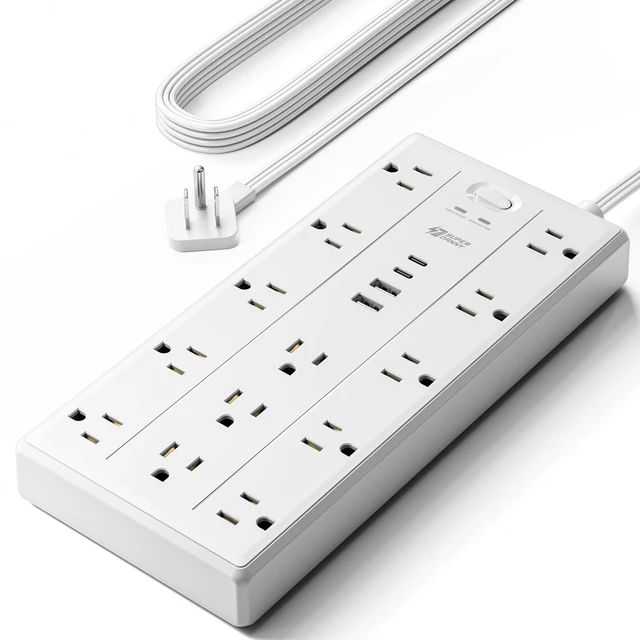Main image of 6Ft Extension Cord with Multiple Outlets, Flat Plug Power Strip 2100J, 13AC 2 USB C 2 USB A Charging Ports, Surge Protector, Desk Charging Station, Home Office, College Dorm Room Essentials