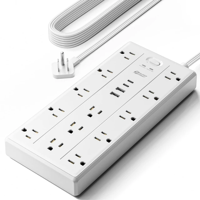 Main image of 10Ft Extension Cord with Multiple Outlets, Flat Plug Power Strip 2100J, 13AC 2 USB C 2 USB A Charging Ports, Surge Protector, Desk Charging Station, Home Office, College Dorm Room Essentials