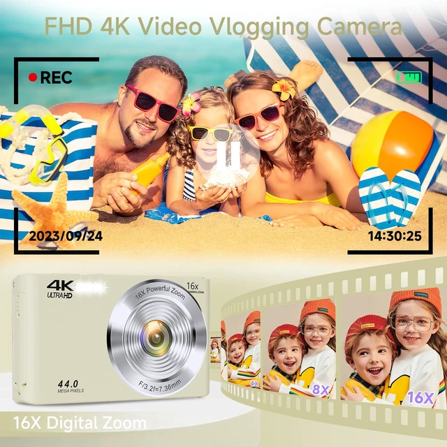 Alt view image 2 of 7 - Digital Camera for Teens, 4K 44MP FHD 16x Zoom Point Shoot Camera 64GB Card Autofocus, Fill Light, Webcam Mode, Continuous Shooting, Time-Lapse, Filters, Easy Operation, Ideal for Beginners Kids