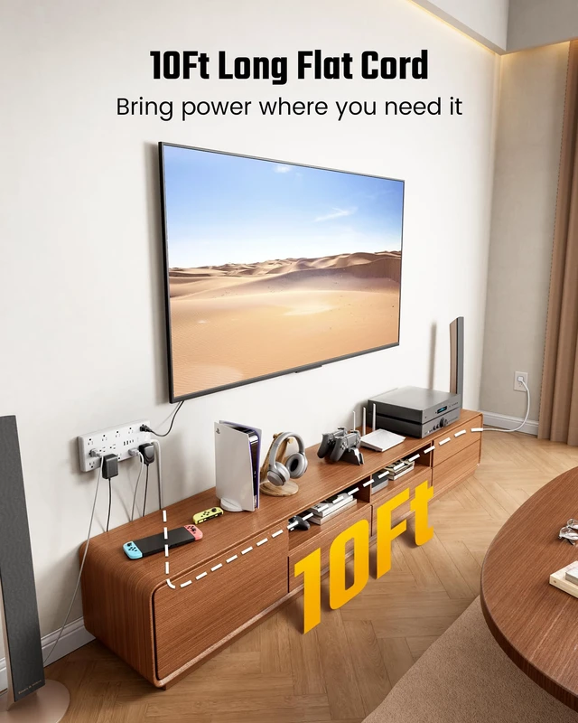 Alt view image 4 of 7 - 10Ft Extension Cord with Multiple Outlets, Flat Plug Power Strip 2100J, 13AC 2 USB C 2 USB A Charging Ports, Surge Protector, Desk Charging Station, Home Office, College Dorm Room Essentials