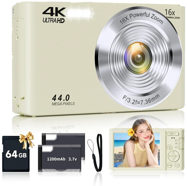 Main image of Digital Camera for Teens, 4K 44MP FHD 16x Zoom Point Shoot Camera 64GB Card Autofocus, Fill Light, Webcam Mode, Continuous Shooting, Time-Lapse, Filters, Easy Operation, Ideal for Beginners Kids