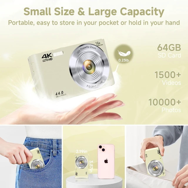 Alt view image 6 of 7 - Digital Camera for Teens, 4K 44MP FHD 16x Zoom Point Shoot Camera 64GB Card Autofocus, Fill Light, Webcam Mode, Continuous Shooting, Time-Lapse, Filters, Easy Operation, Ideal for Beginners Kids