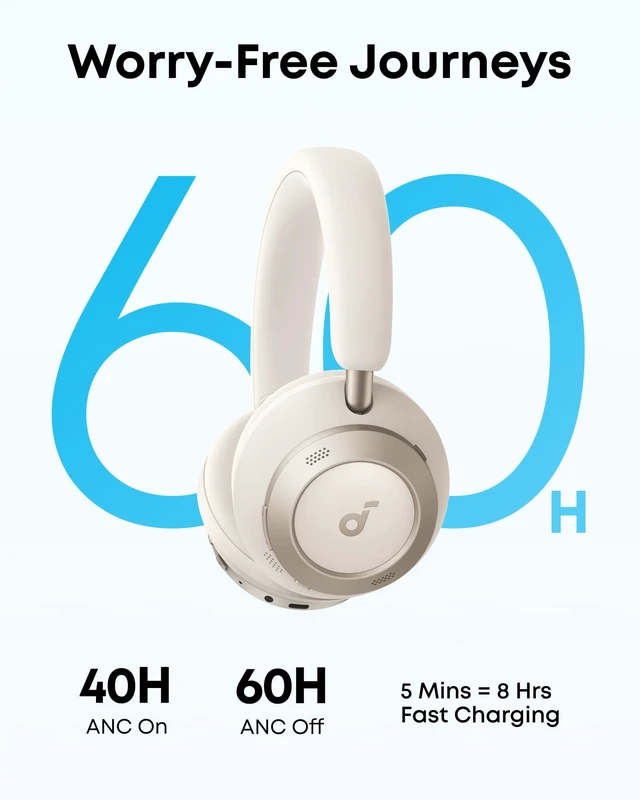 Alt view image 5 of 7 - Anker Space One Pro Wireless Over-Ear Headphones, Foldable Design Adaptive Active Noise Cancelling, 60H Playtime, Hi-Res LDAC, multipoint connection, 6-Mic Calls, 5-Min Charge for 8 Hrs