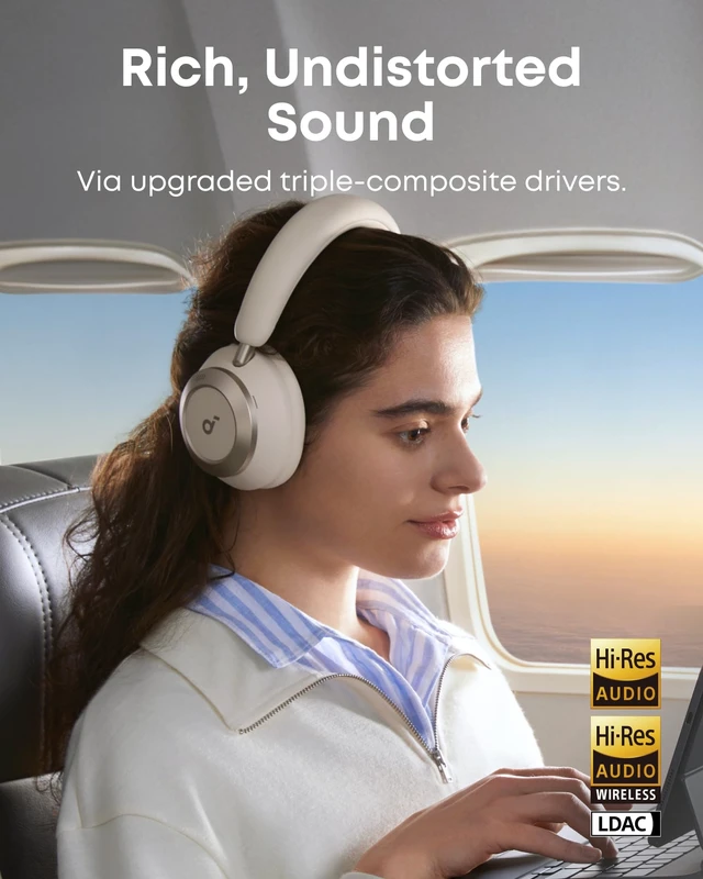 Alt view image 4 of 7 - Anker Space One Pro Wireless Over-Ear Headphones, Foldable Design Adaptive Active Noise Cancelling, 60H Playtime, Hi-Res LDAC, multipoint connection, 6-Mic Calls, 5-Min Charge for 8 Hrs