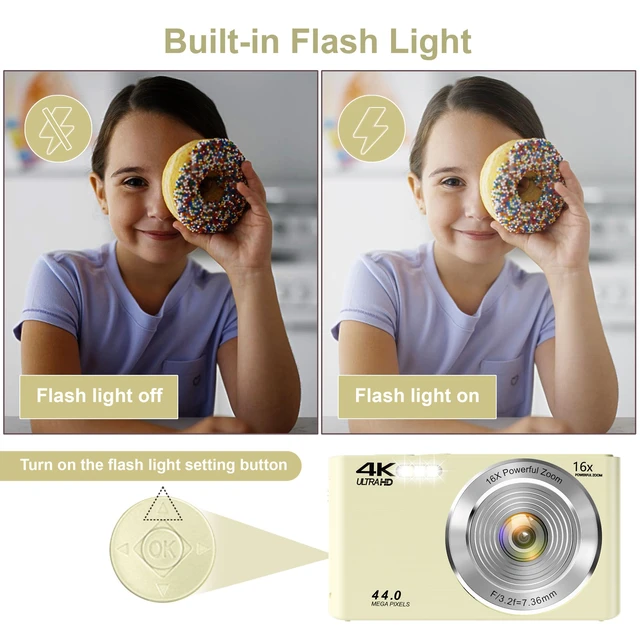 Alt view image 7 of 7 - Digital Camera for Teens, 4K 44MP FHD 16x Zoom Point Shoot Camera 64GB Card Autofocus, Fill Light, Webcam Mode, Continuous Shooting, Time-Lapse, Filters, Easy Operation, Ideal for Beginners Kids