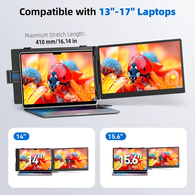 Alt view image 5 of 7 - 14" Laptop Screen Extender, 1.8 lb Lightweight Second Portable Monitor 1080P FHD IPS, 300-nit, 72% NTSC display; Driver-free USB-C/HDMI; Mirror, extend or rotate 180°; For 13-17 laptops;