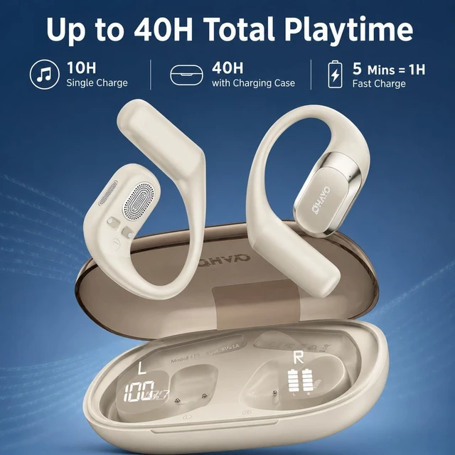 Alt view image 2 of 7 - Open Ear Headphones,Earbuds with Ergonomic Earhook,Bluetooth Headphones 5.4 with Smart Digital Display,40H Playtime,IPX6 Waterproof,Touch Control Earphones Fit Cycling,Running,Workout(Beige)