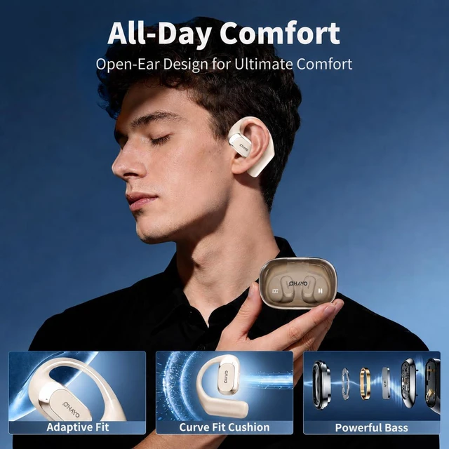 Alt view image 3 of 7 - Open Ear Headphones,Earbuds with Ergonomic Earhook,Bluetooth Headphones 5.4 with Smart Digital Display,40H Playtime,IPX6 Waterproof,Touch Control Earphones Fit Cycling,Running,Workout(Beige)