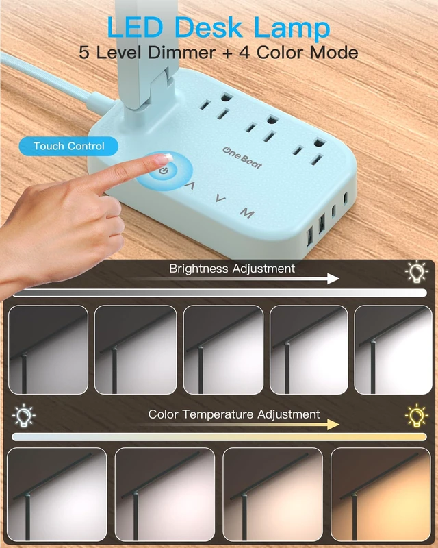 Alt view image 3 of 7 - LED Desk Lamp, Power Strip with 4 USB 3 Outlets, Dorm Room Essentials, Blue 4 Modes 5 Level Brightness Touch Lamp, Small Desk Lamp for Home Office College Dorm Essentials, Study Reading Light