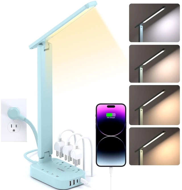 Main image of LED Desk Lamp, Power Strip with 4 USB 3 Outlets, Dorm Room Essentials, Blue 4 Modes 5 Level Brightness Touch Lamp, Small Desk Lamp for Home Office College Dorm Essentials, Study Reading Light