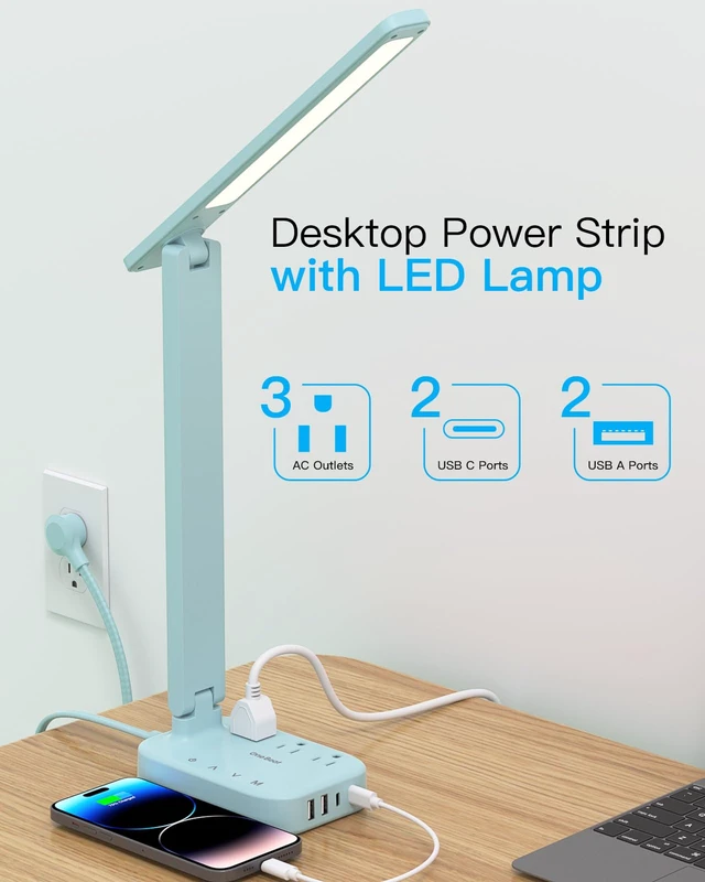 Alt view image 2 of 7 - LED Desk Lamp, Power Strip with 4 USB 3 Outlets, Dorm Room Essentials, Blue 4 Modes 5 Level Brightness Touch Lamp, Small Desk Lamp for Home Office College Dorm Essentials, Study Reading Light