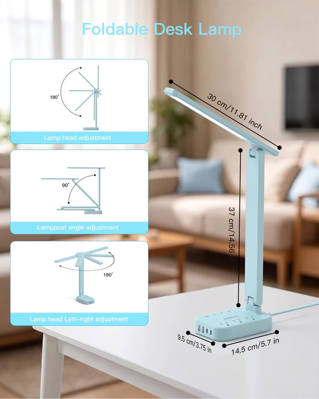 Alt view image 4 of 7 - LED Desk Lamp, Power Strip with 4 USB 3 Outlets, Dorm Room Essentials, Blue 4 Modes 5 Level Brightness Touch Lamp, Small Desk Lamp for Home Office College Dorm Essentials, Study Reading Light