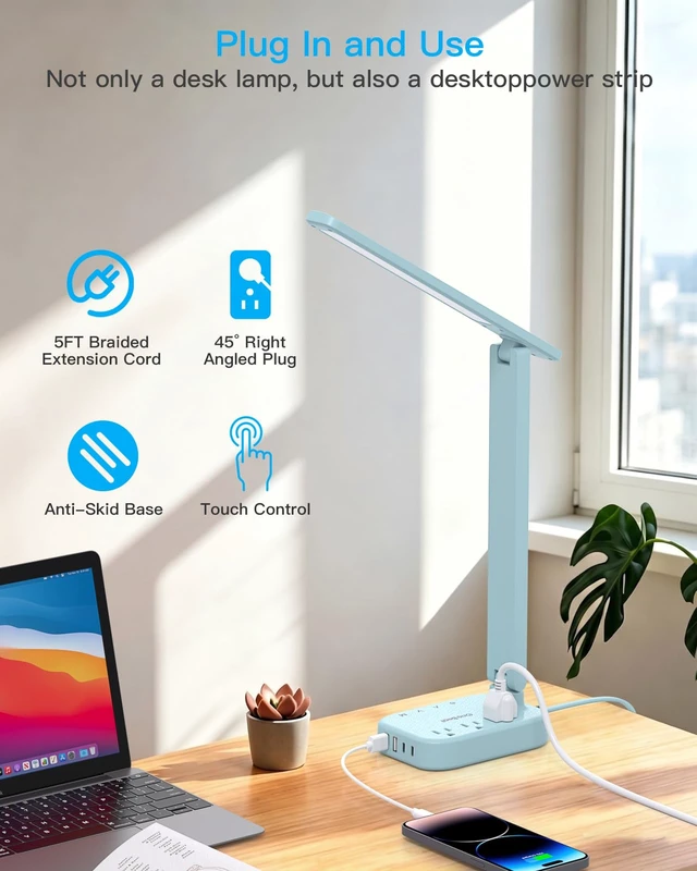 Alt view image 5 of 7 - LED Desk Lamp, Power Strip with 4 USB 3 Outlets, Dorm Room Essentials, Blue 4 Modes 5 Level Brightness Touch Lamp, Small Desk Lamp for Home Office College Dorm Essentials, Study Reading Light