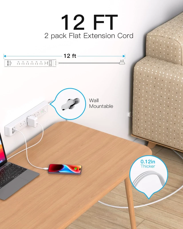 Alt view image 2 of 7 - 2 Pack Long Extension Cord, 12FT Power Strip Surge Protector with 6 Outlets and 4 USB Ports (2 USB C), Extension Cord with Multiple Outlets, Flat Plug Overload Protection, Wall Mount for Dorm College