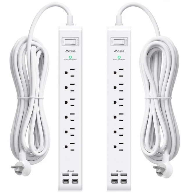 Main image of 2 Pack Power Strip, 12FT Extension Cord, Surge Protector with 6 Outlets and 4 USB Ports (2 USB C), Extension Cord with Multiple Outlets, Flat Plug Overload Protection, Wall Mount for Home Dorm College