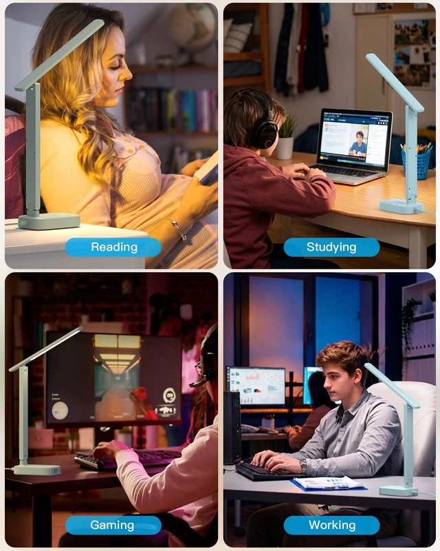 Alt view image 7 of 7 - LED Desk Lamp, Power Strip with 4 USB 3 Outlets, Dorm Room Essentials, Blue 4 Modes 5 Level Brightness Touch Lamp, Small Desk Lamp for Home Office College Dorm Essentials, Study Reading Light