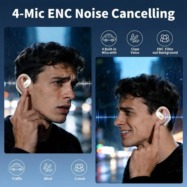 Alt view image 7 of 7 - Open Ear Headphones,Earbuds with Ergonomic Earhook,Bluetooth Headphones 5.4 with Smart Digital Display,40H Playtime,IPX6 Waterproof,Touch Control Earphones Fit Cycling,Running,Workout(Beige)