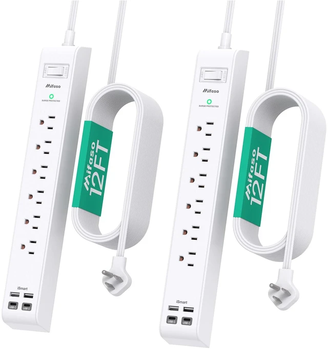 Main image of 2 Pack Long Extension Cord, 12FT Power Strip Surge Protector with 6 Outlets and 4 USB Ports (2 USB C), Extension Cord with Multiple Outlets, Flat Plug Overload Protection, Wall Mount for Dorm College