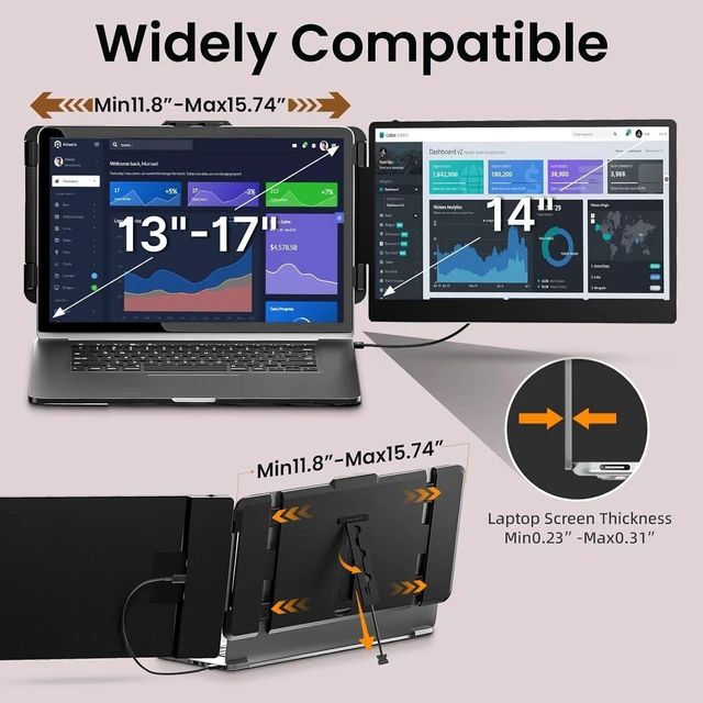 Alt view image 4 of 7 - Laptop Screen Extender, 14" 1080P FHD IPS Portable Monitor Plug & play, Fits 13-17.3" laptops, Second screen compatible with Windows/Mac/Android/Switch/PS