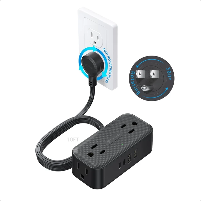 Main image of 360° Rotating Flat Plug Power Strip 10ft, 4 Widely AC Outlets, Black Flat Extension Cord 4 USB Ports (2 USB C), 10A/1250W, Wall Mount, 900J Surge Protector for Office Travel Dorm Room Essentials