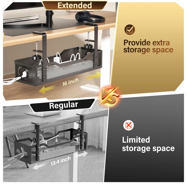 Alt view image 3 of 7 - Under Desk Cable Management Large, 16" Cable Management Box for Table Thickness up to 3", Wire Cord Organizer with Clamp No Drill, No Damage to Desk (Black)