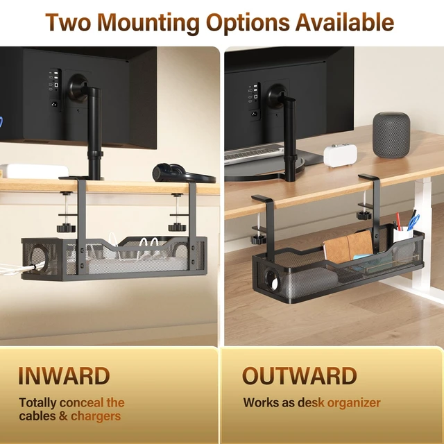 Alt view image 5 of 7 - Under Desk Cable Management Large, 16" Cable Management Box for Table Thickness up to 3", Wire Cord Organizer with Clamp No Drill, No Damage to Desk (Black)