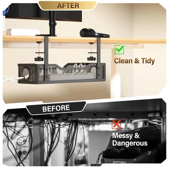Alt view image 4 of 7 - Under Desk Cable Management Large, 16" Cable Management Box for Table Thickness up to 3", Wire Cord Organizer with Clamp No Drill, No Damage to Desk (Black)