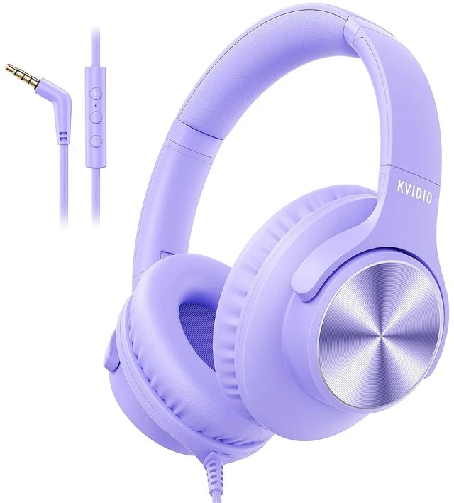 Main image of Wired Headphone with Mic, Over-Ear 3.5mm Corded Headphone for School Purple Foldable Plug in Headphones for Teens Classroom Travel, 4.9ft Tangle-Free Cord with Volume Control for Phone Tablet Laptop