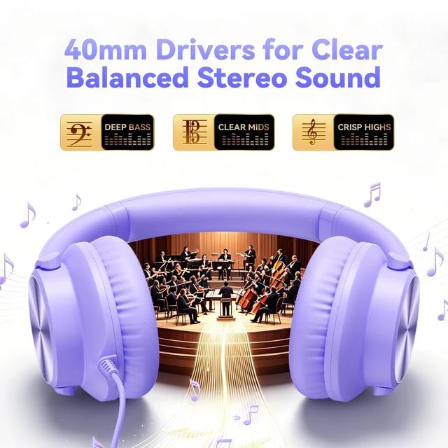 Alt view image 2 of 7 - Wired Headphone with Mic, Over-Ear 3.5mm Corded Headphone for School Purple Foldable Plug in Headphones for Teens Classroom Travel, 4.9ft Tangle-Free Cord with Volume Control for Phone Tablet Laptop