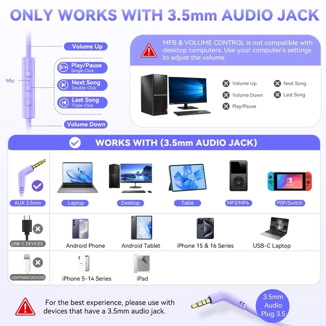 Alt view image 3 of 7 - Wired Headphone with Mic, Over-Ear 3.5mm Corded Headphone for School Purple Foldable Plug in Headphones for Teens Classroom Travel, 4.9ft Tangle-Free Cord with Volume Control for Phone Tablet Laptop