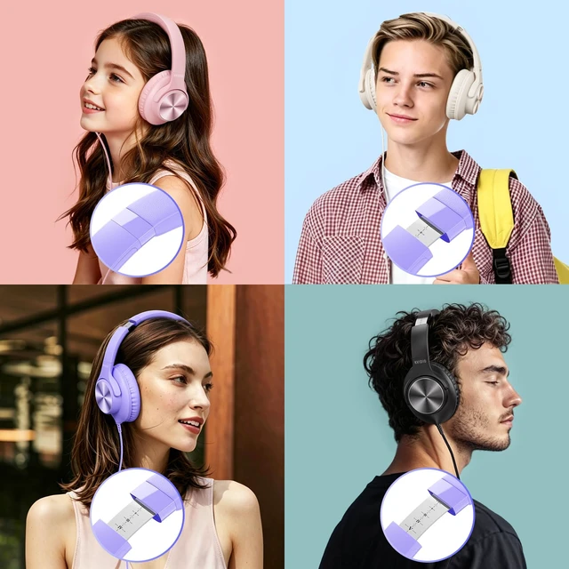 Alt view image 4 of 7 - Wired Headphone with Mic, Over-Ear 3.5mm Corded Headphone for School Purple Foldable Plug in Headphones for Teens Classroom Travel, 4.9ft Tangle-Free Cord with Volume Control for Phone Tablet Laptop
