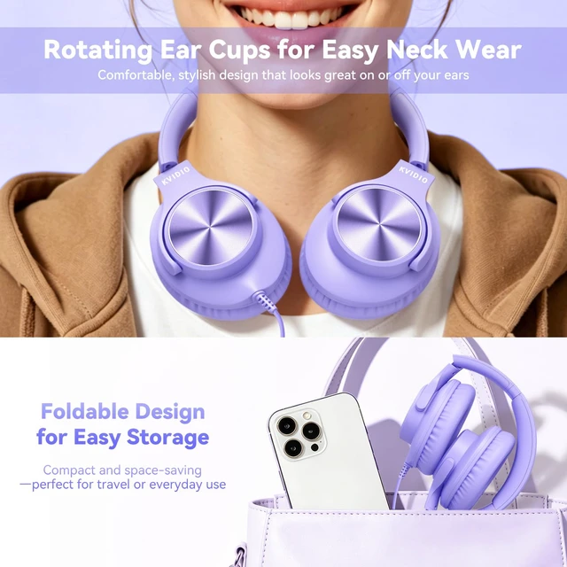 Alt view image 5 of 7 - Wired Headphone with Mic, Over-Ear 3.5mm Corded Headphone for School Purple Foldable Plug in Headphones for Teens Classroom Travel, 4.9ft Tangle-Free Cord with Volume Control for Phone Tablet Laptop