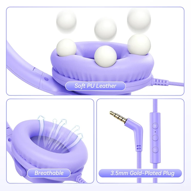 Alt view image 6 of 7 - Wired Headphone with Mic, Over-Ear 3.5mm Corded Headphone for School Purple Foldable Plug in Headphones for Teens Classroom Travel, 4.9ft Tangle-Free Cord with Volume Control for Phone Tablet Laptop