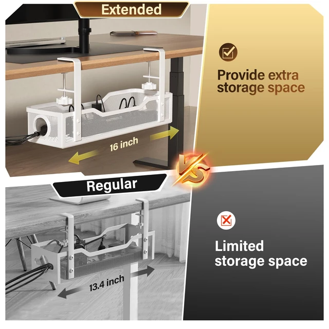 Alt view image 2 of 7 - Under Desk Cable Management Large, 16" Cable Management Box for Table Thickness up to 3", Wire Cord Organizer with Clamp No Drill, No Damage to Desk (White)