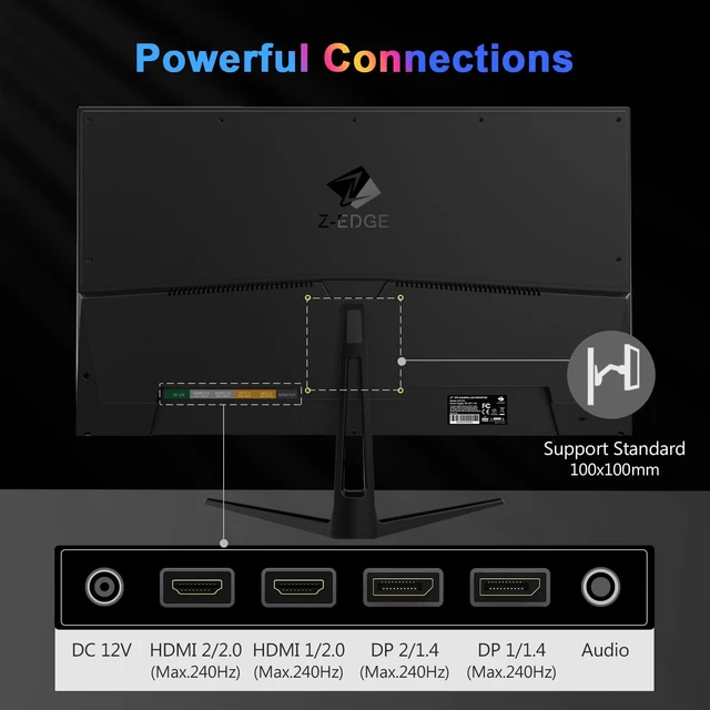 Alt view image 6 of 6 - Z-Edge 27 inch IPS Gaming Monitor, 240HZ Ultra-Fast 1ms Computer Screen UG27PJ Flat Computer Monitor, 99% DCI-P3, 120% sRGB, Dual DP 1.4 & HDMI 2.0, Metal Stand, for Office & Gaming