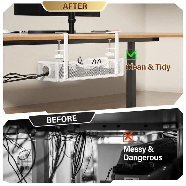 Alt view image 4 of 7 - Under Desk Cable Management Large, 16" Cable Management Box for Table Thickness up to 3", Wire Cord Organizer with Clamp No Drill, No Damage to Desk (White)
