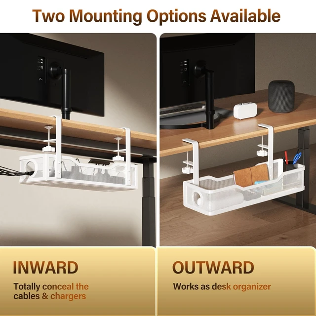 Alt view image 5 of 7 - Under Desk Cable Management Large, 16" Cable Management Box for Table Thickness up to 3", Wire Cord Organizer with Clamp No Drill, No Damage to Desk (White)