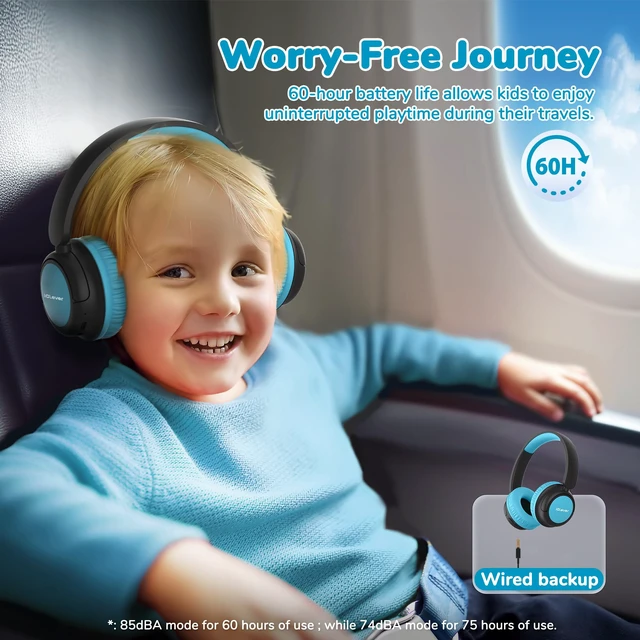 Alt view image 2 of 7 - BTH22 Kids Bluetooth Headphones for Toddler Travel, 60H Play Time SafeSound Tech3.0, Stereo Sound, USB C Fast Charging, AUX Cable, Kids Wireless Headphones for Girls/Boys/Tablet/PC/School