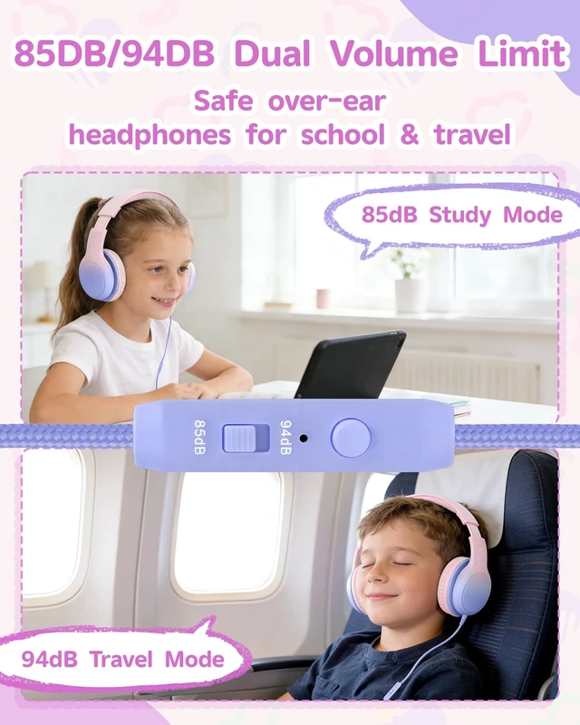 Alt view image 2 of 7 - Over Ear Kids Headphones, HD Mic, Safe Volume Limited Headphones Stereo Sound Headphones with Cord, Foldable 3.5mm Wired Headphones for iPad, Laptop, PC, Pink-Blue